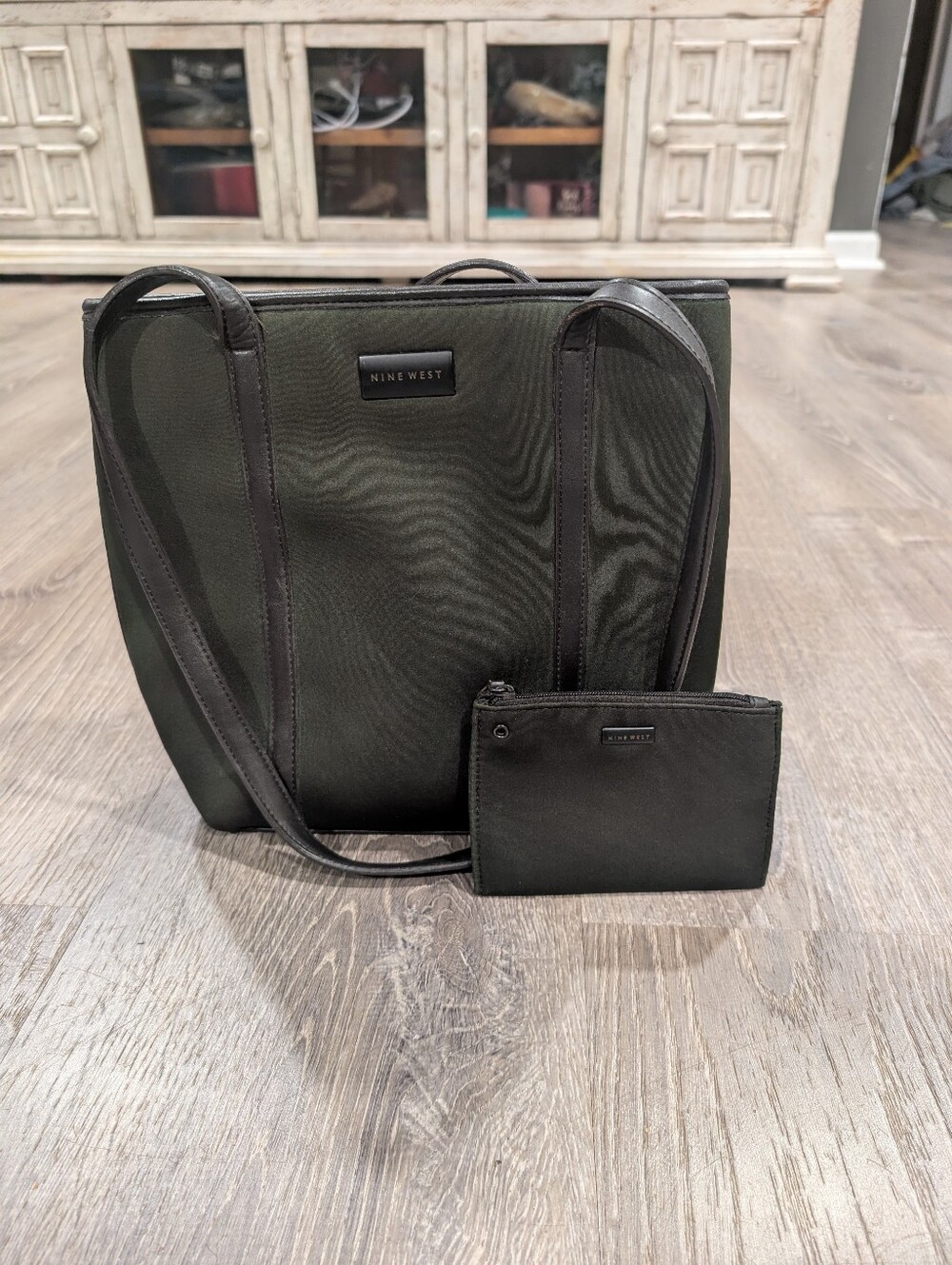 Nine West Olive Green Neoprene Tote Bag Shoulder Purse & Matching Pouch Set Vtg